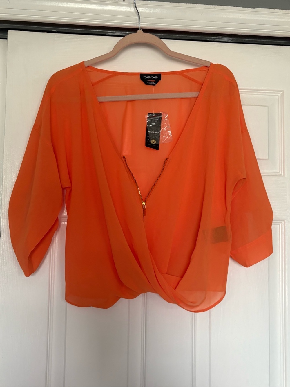 bebe Orange Sheer Zip-Front Draped Blouse